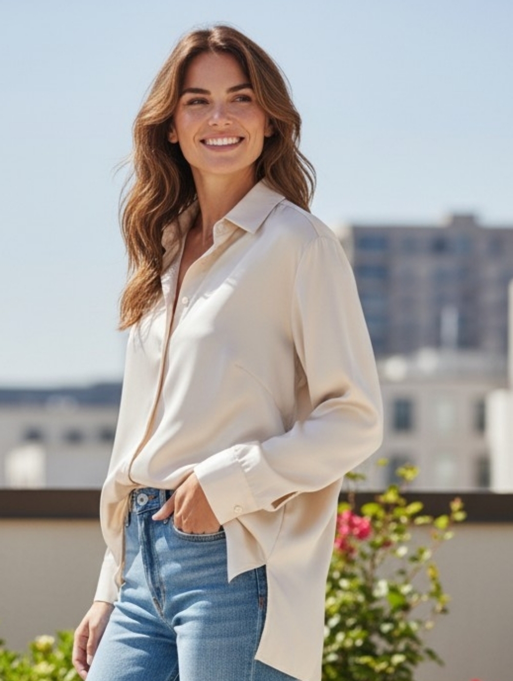 JONES AND co 1x Oversized  Funky Boho  Silky Satin Button Down Shirt Champagne